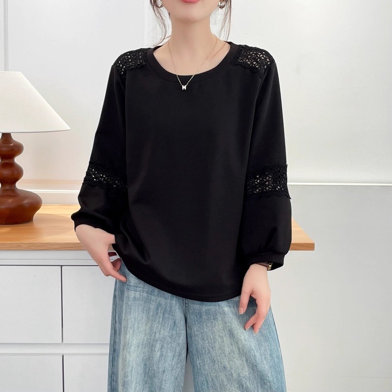 漾貝比【9155706】中大尺碼女裝 設計感蕾絲縷空花邊長袖上衣 (38-51)-細節圖2