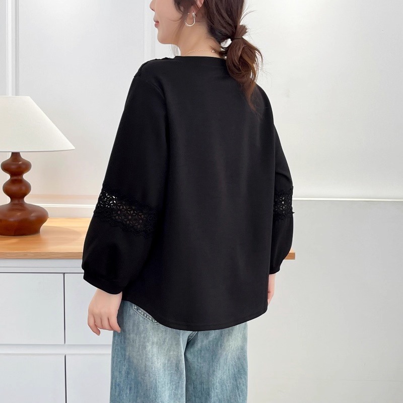 漾貝比【9155706】中大尺碼女裝 設計感蕾絲縷空花邊長袖上衣 (38-51)-細節圖3