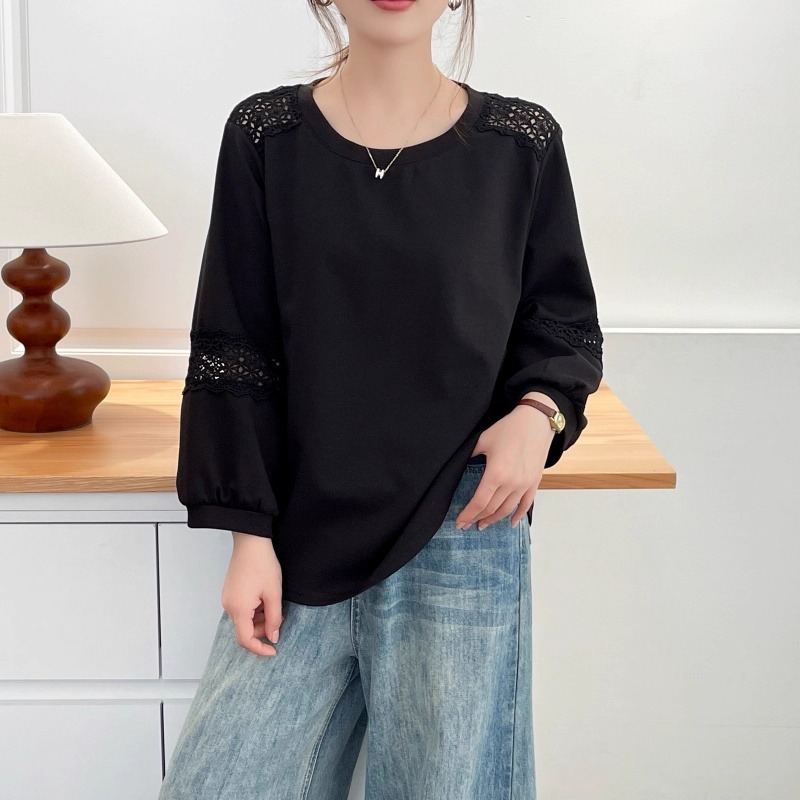 漾貝比【9155706】中大尺碼女裝 設計感蕾絲縷空花邊長袖上衣 (38-51)-細節圖4