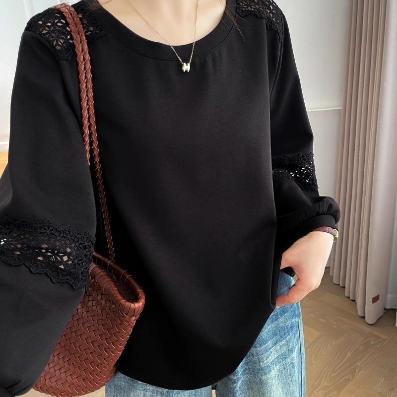 漾貝比【9155706】中大尺碼女裝 設計感蕾絲縷空花邊長袖上衣 (38-51)-細節圖5