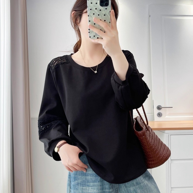 漾貝比【9155706】中大尺碼女裝 設計感蕾絲縷空花邊長袖上衣 (38-51)-細節圖6