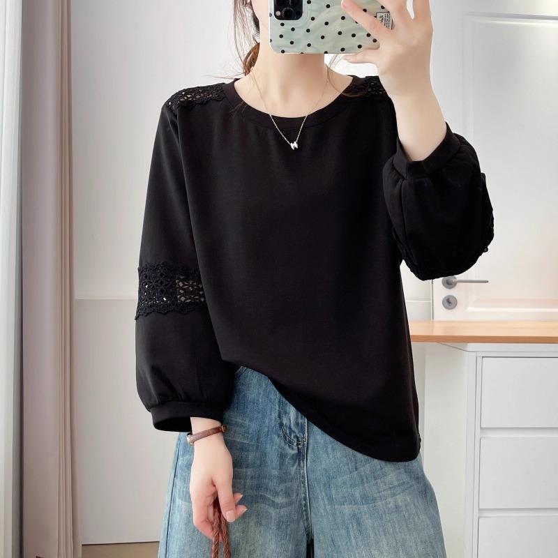 漾貝比【9155706】中大尺碼女裝 設計感蕾絲縷空花邊長袖上衣 (38-51)-細節圖7