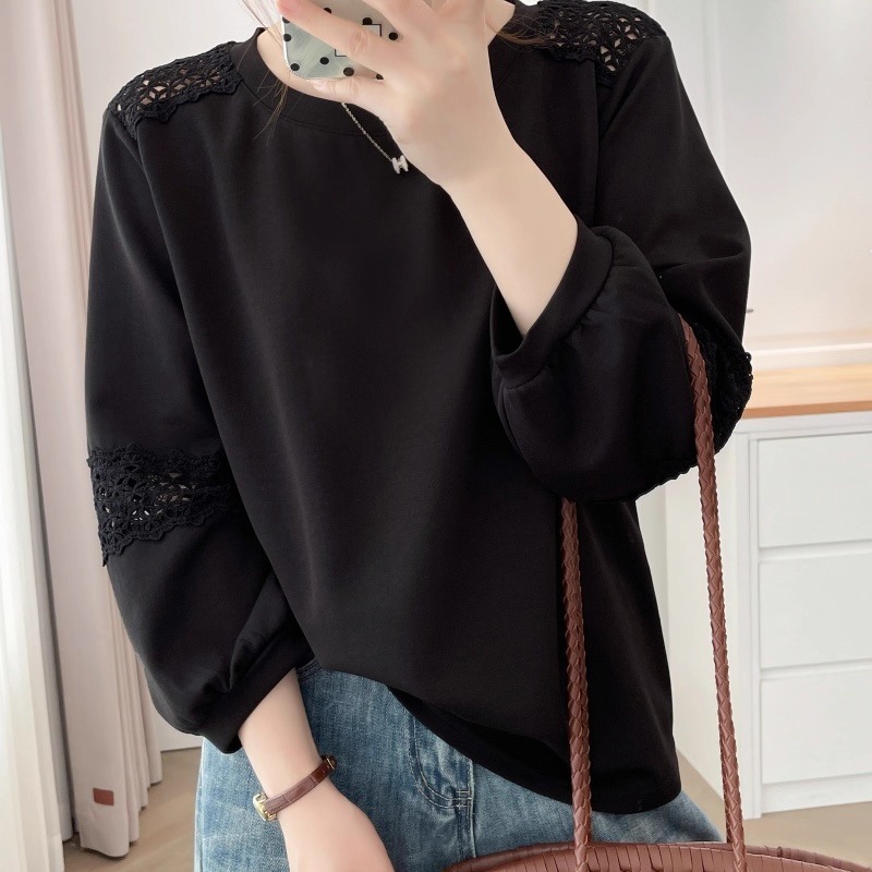 漾貝比【9155706】中大尺碼女裝 設計感蕾絲縷空花邊長袖上衣 (38-51)-細節圖8