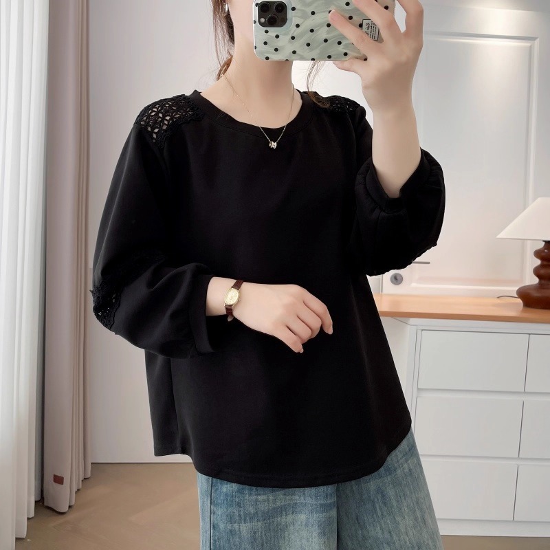 漾貝比【9155706】中大尺碼女裝 設計感蕾絲縷空花邊長袖上衣 (38-51)-細節圖9