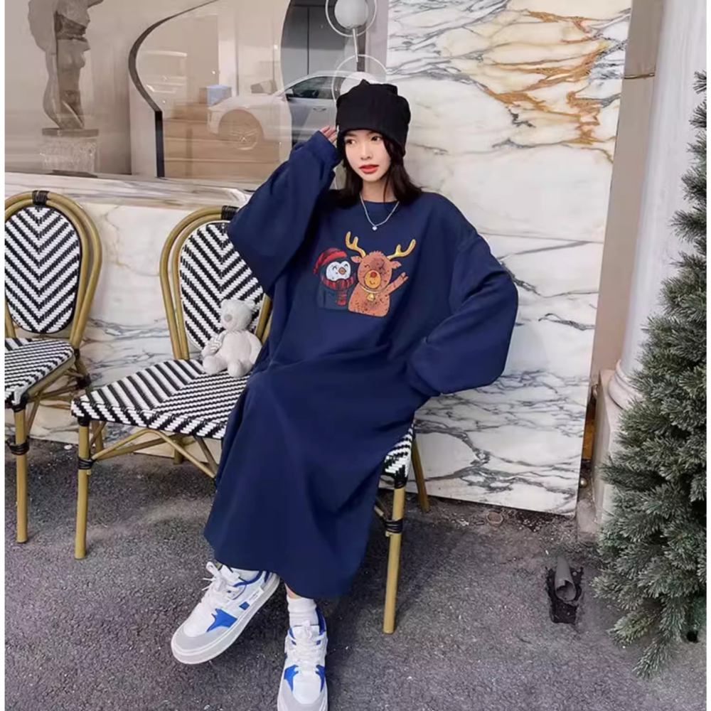 漾貝比【9155709】中大尺碼女裝 馴鹿企鵝好朋友加絨加厚長洋裝(40-54)-細節圖2