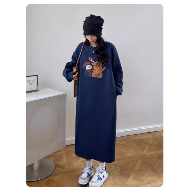 漾貝比【9155709】中大尺碼女裝 馴鹿企鵝好朋友加絨加厚長洋裝(40-54)-細節圖5