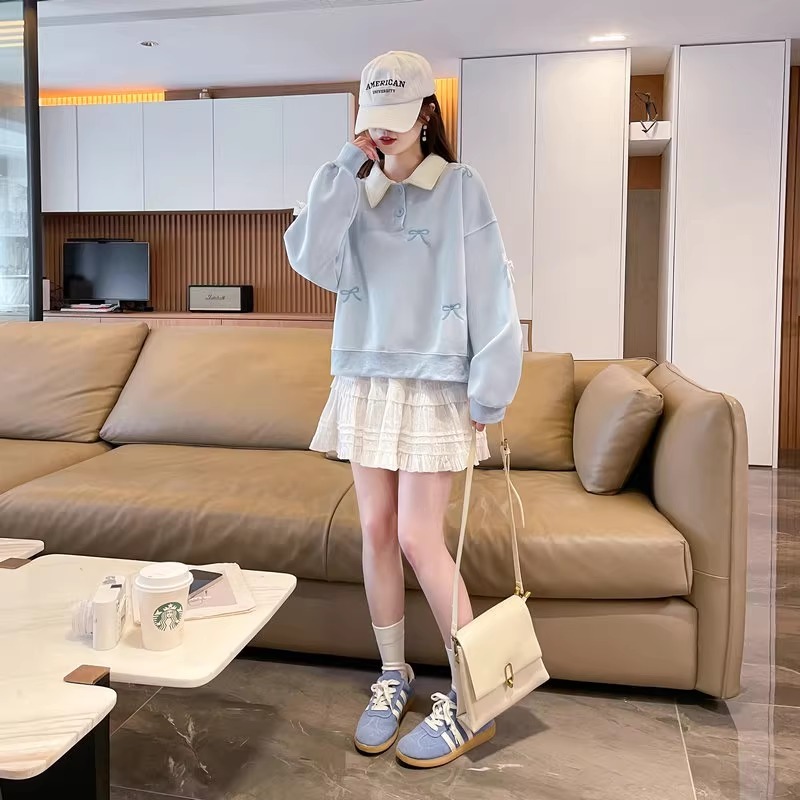 漾貝比【9155711】中大尺碼女裝 蕾絲蝴蝶結撞色領加絨加厚POLO上衣 (36-47)-細節圖2