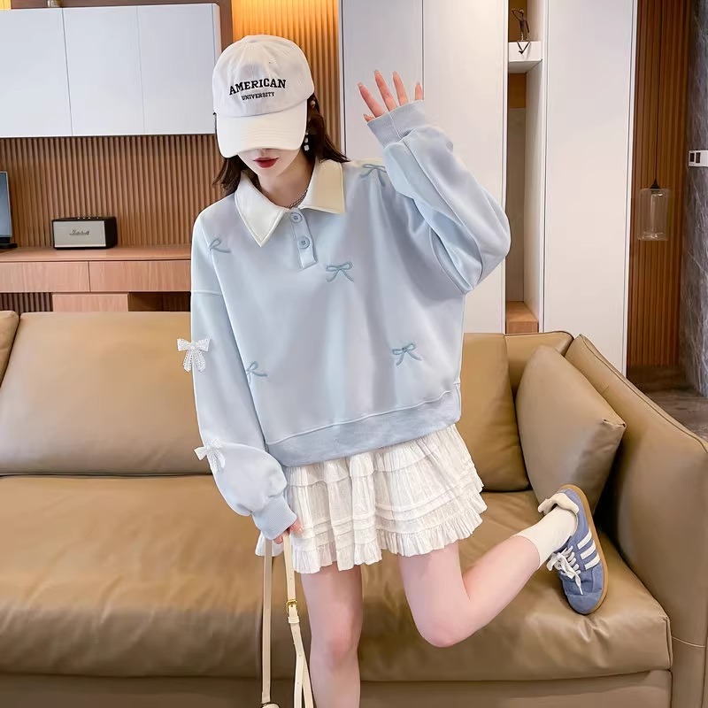 漾貝比【9155711】中大尺碼女裝 蕾絲蝴蝶結撞色領加絨加厚POLO上衣 (36-47)-細節圖3