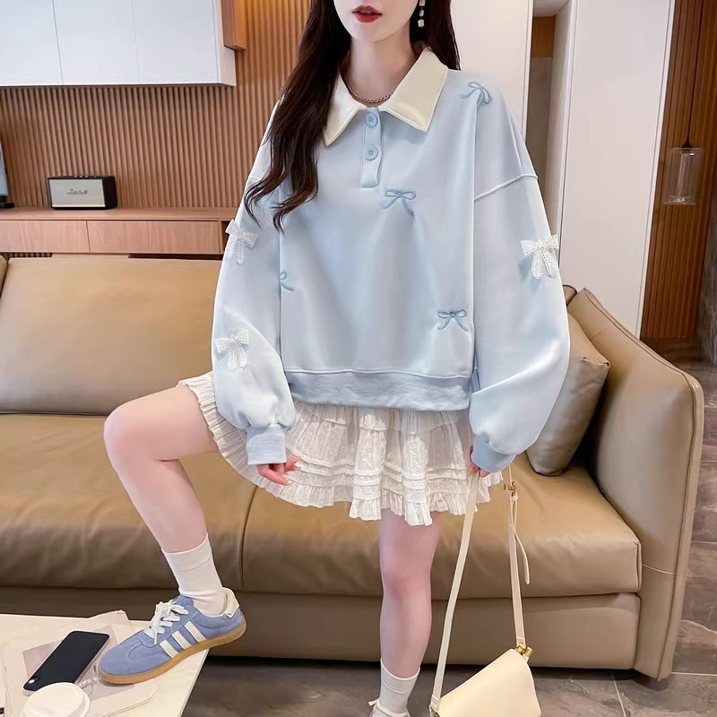 漾貝比【9155711】中大尺碼女裝 蕾絲蝴蝶結撞色領加絨加厚POLO上衣 (36-47)-細節圖4