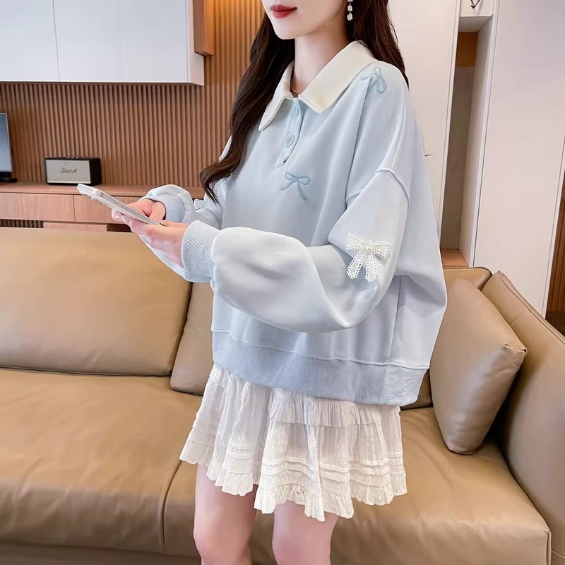 漾貝比【9155711】中大尺碼女裝 蕾絲蝴蝶結撞色領加絨加厚POLO上衣 (36-47)-細節圖5