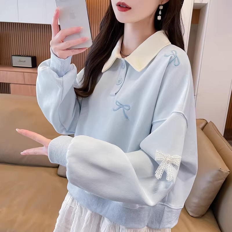 漾貝比【9155711】中大尺碼女裝 蕾絲蝴蝶結撞色領加絨加厚POLO上衣 (36-47)-細節圖6