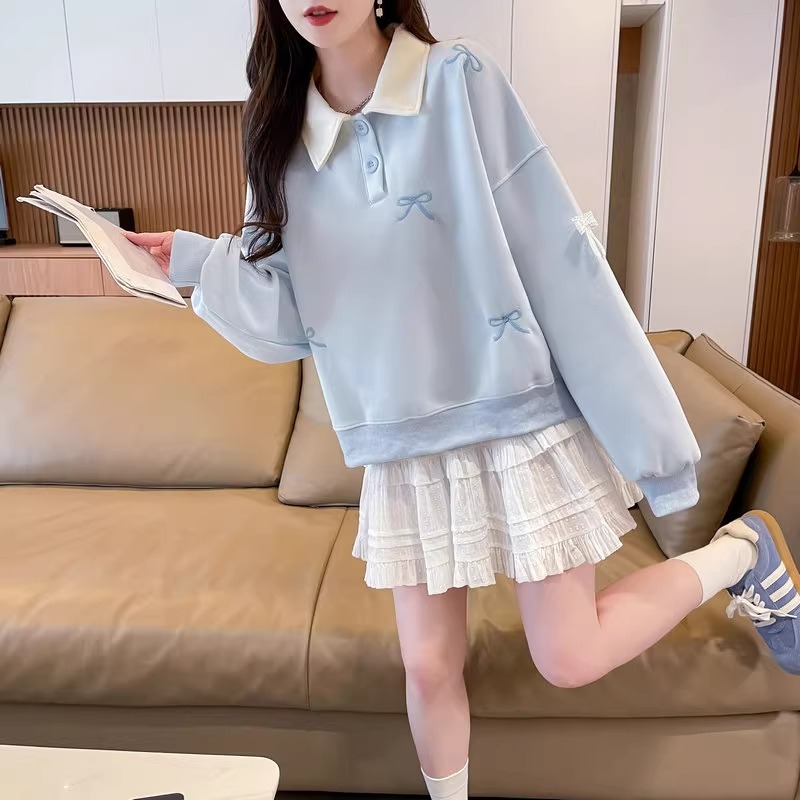 漾貝比【9155711】中大尺碼女裝 蕾絲蝴蝶結撞色領加絨加厚POLO上衣 (36-47)-細節圖7