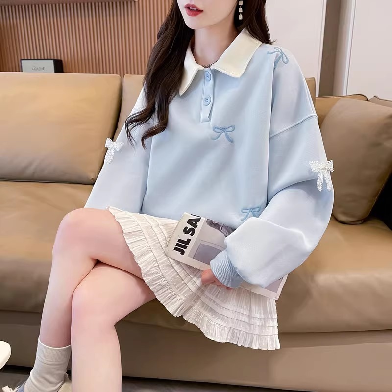 漾貝比【9155711】中大尺碼女裝 蕾絲蝴蝶結撞色領加絨加厚POLO上衣 (36-47)-細節圖8