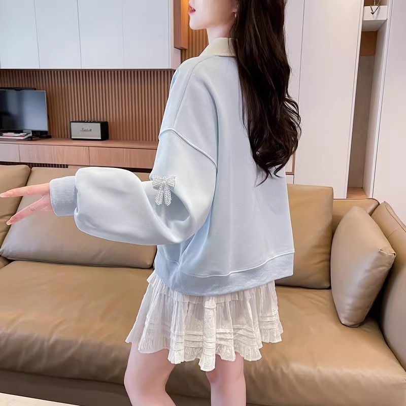 漾貝比【9155711】中大尺碼女裝 蕾絲蝴蝶結撞色領加絨加厚POLO上衣 (36-47)-細節圖9