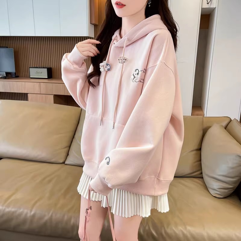 漾貝比【9155713】中大尺碼女裝 刺繡耳機小狗造型垂繩口袋加絨加厚連帽T (36-49)-細節圖8