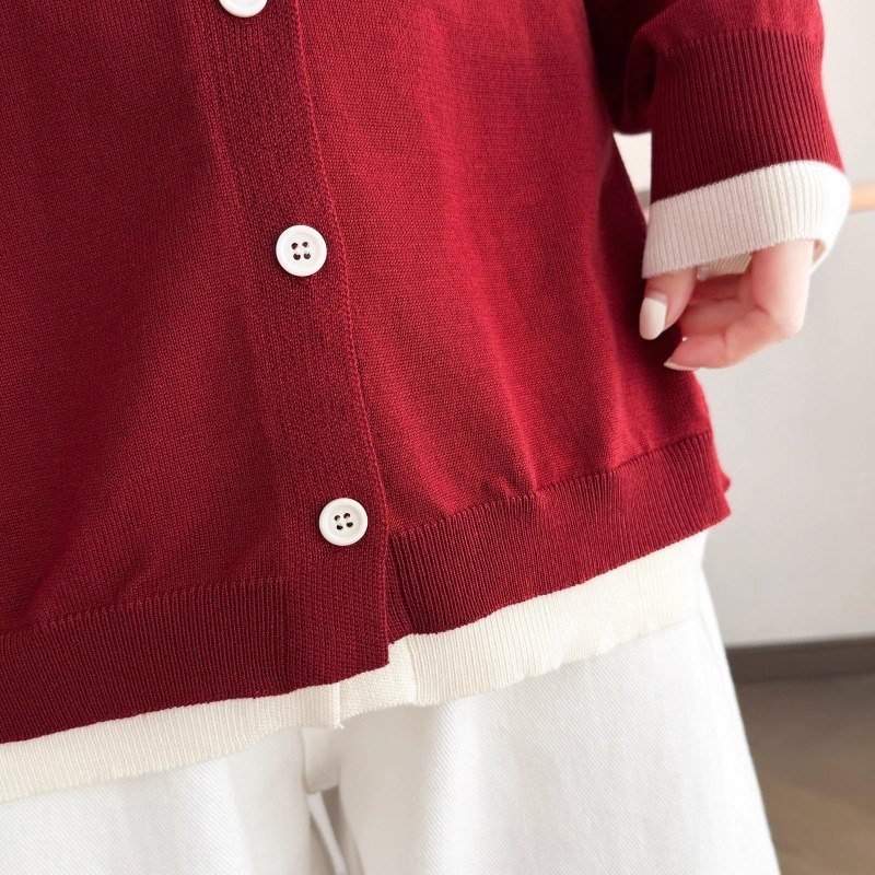 漾貝比【9155716】中大尺碼女裝 排釦連帽撞色假兩件式毛衣．藍 (38-54)-細節圖8