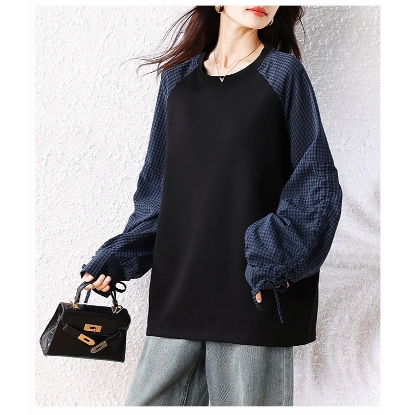 漾貝比【9155732】中大尺碼女裝 拼接抽繩格紋袖假兩件式上衣 (38-51)-細節圖2