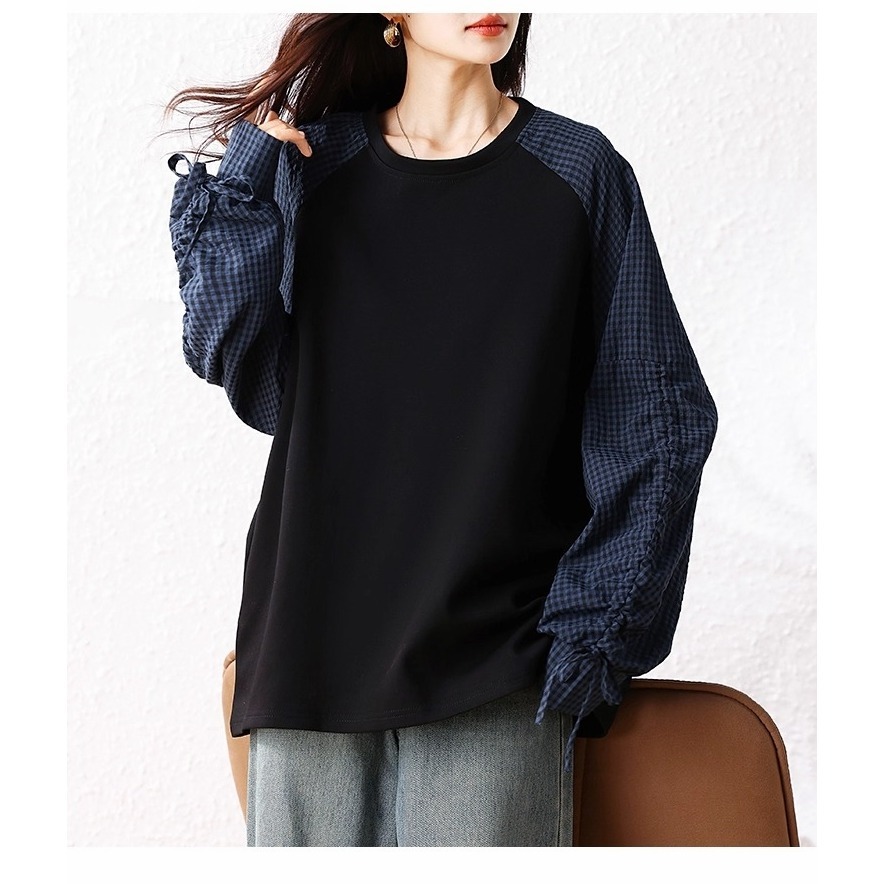 漾貝比【9155732】中大尺碼女裝 拼接抽繩格紋袖假兩件式上衣 (38-51)-細節圖4