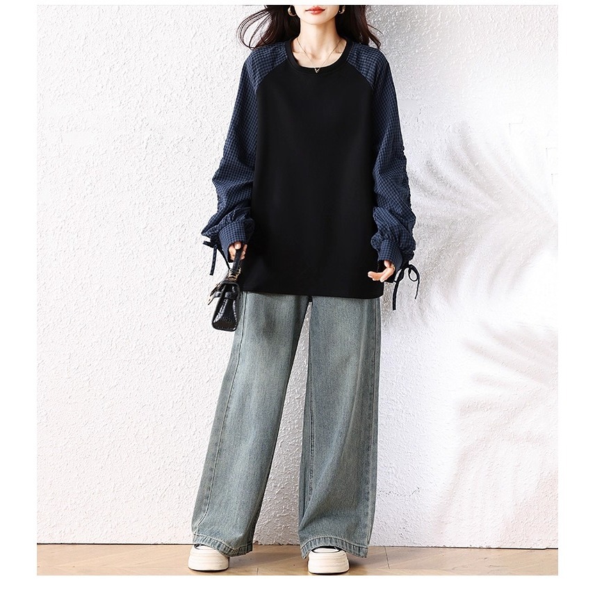 漾貝比【9155732】中大尺碼女裝 拼接抽繩格紋袖假兩件式上衣 (38-51)-細節圖5