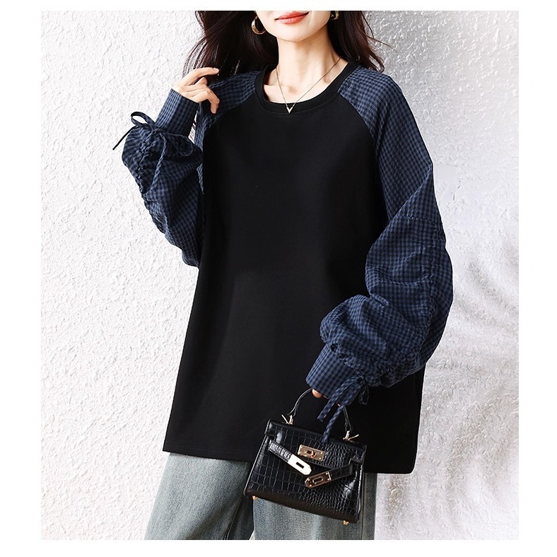 漾貝比【9155732】中大尺碼女裝 拼接抽繩格紋袖假兩件式上衣 (38-51)-細節圖6