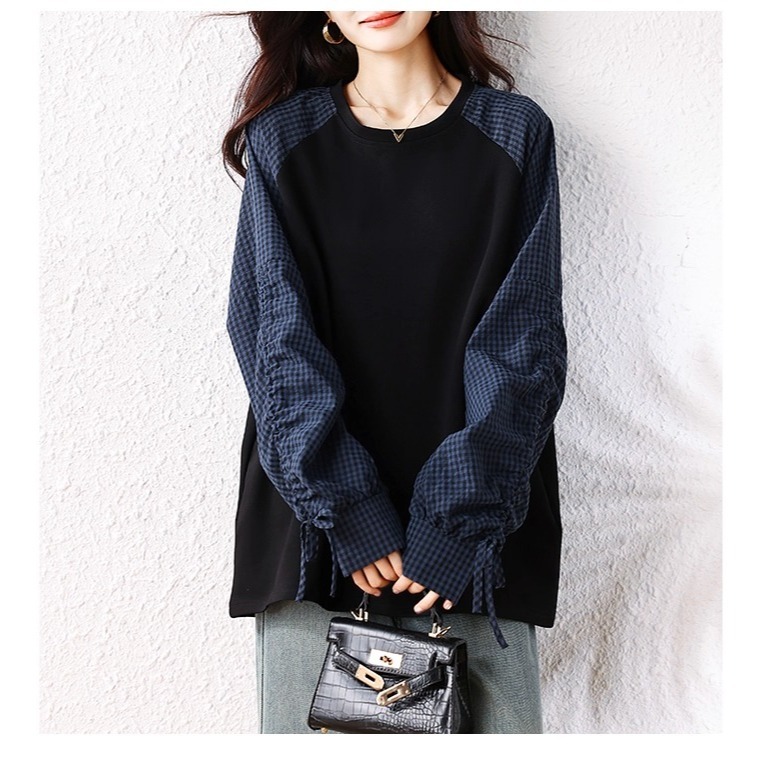 漾貝比【9155732】中大尺碼女裝 拼接抽繩格紋袖假兩件式上衣 (38-51)-細節圖7