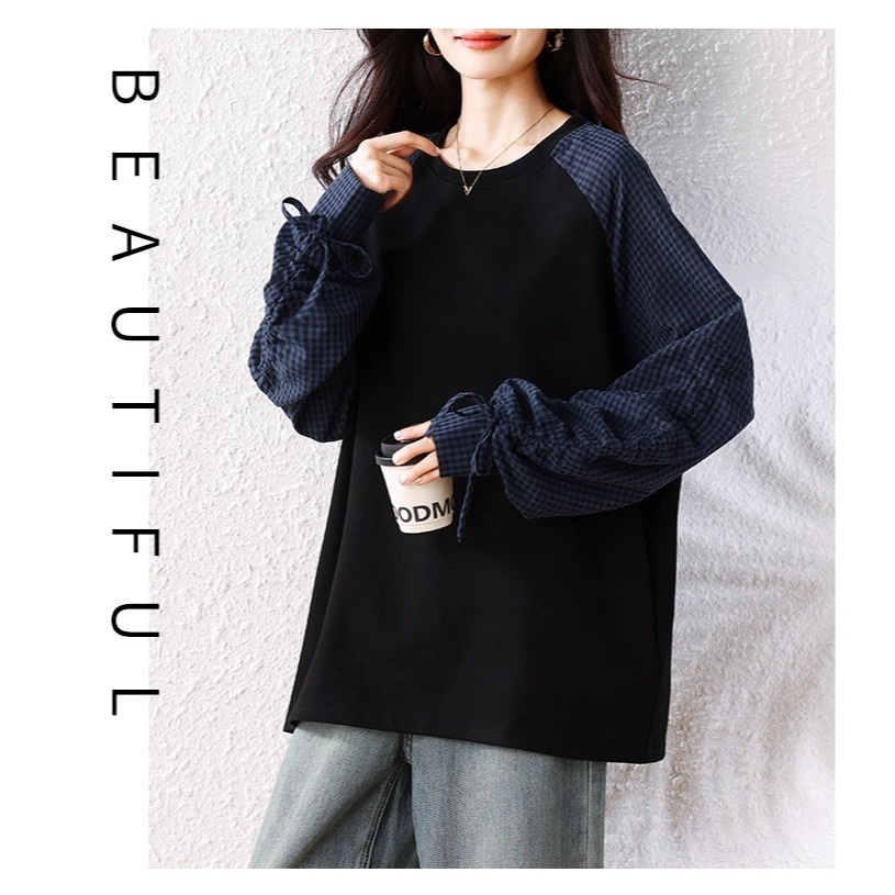 漾貝比【9155732】中大尺碼女裝 拼接抽繩格紋袖假兩件式上衣 (38-51)-細節圖8