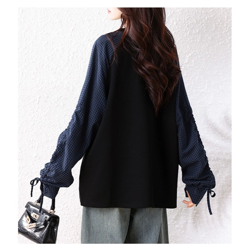 漾貝比【9155732】中大尺碼女裝 拼接抽繩格紋袖假兩件式上衣 (38-51)-細節圖9