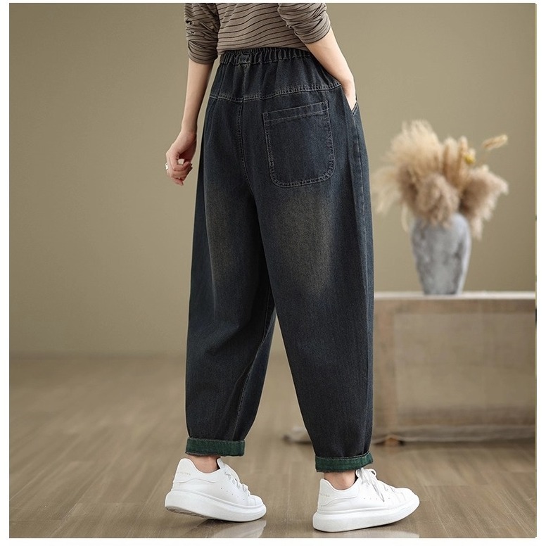 漾貝比【9155736】中大尺碼女裝 鬆緊腰微破刺繡星星加絨保暖牛仔哈倫褲 (29-38)-細節圖6