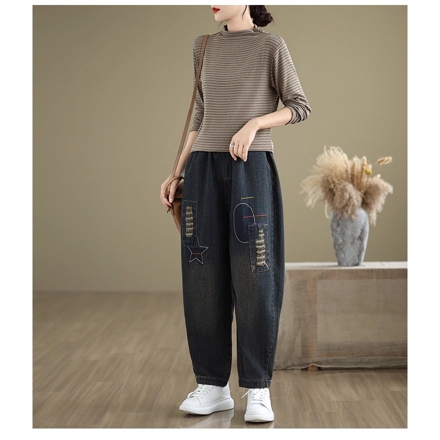 漾貝比【9155736】中大尺碼女裝 鬆緊腰微破刺繡星星加絨保暖牛仔哈倫褲 (29-38)-細節圖7