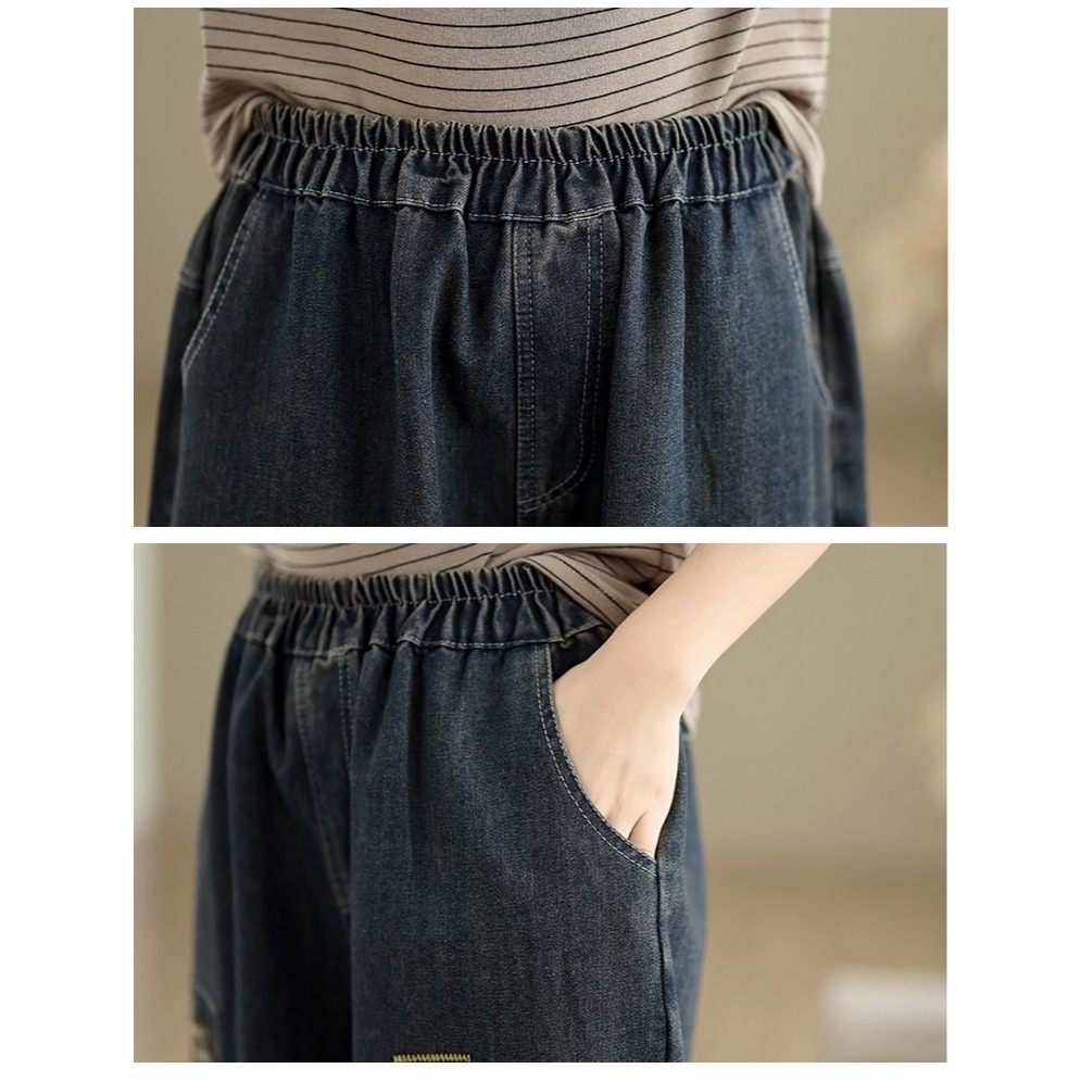 漾貝比【9155736】中大尺碼女裝 鬆緊腰微破刺繡星星加絨保暖牛仔哈倫褲 (29-38)-細節圖8