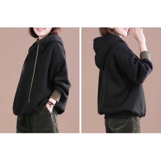 漾貝比【9155739】中大尺碼女裝 高領撞色連帽加絨加厚假兩件式織衣T．共2色 (38-50)-細節圖3