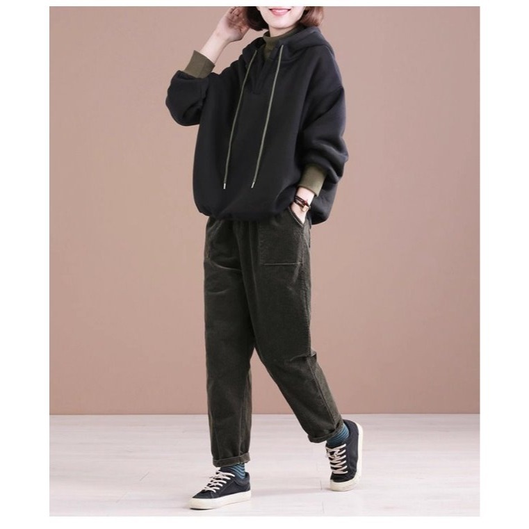 漾貝比【9155739】中大尺碼女裝 高領撞色連帽加絨加厚假兩件式織衣T．共2色 (38-50)-細節圖4