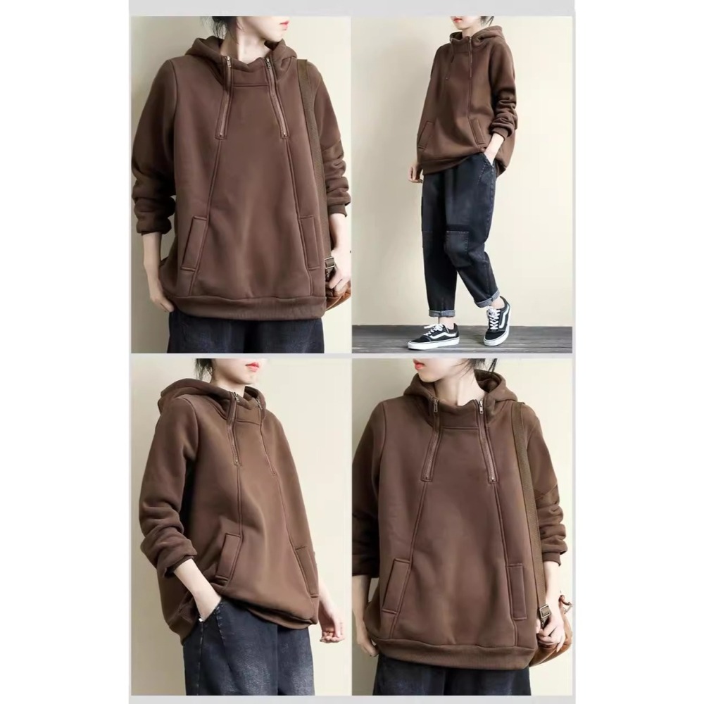 漾貝比【9155740】中大尺碼女裝 立領雙拉鍊口袋連帽加絨保暖T．共2色 (38-48)-細節圖6