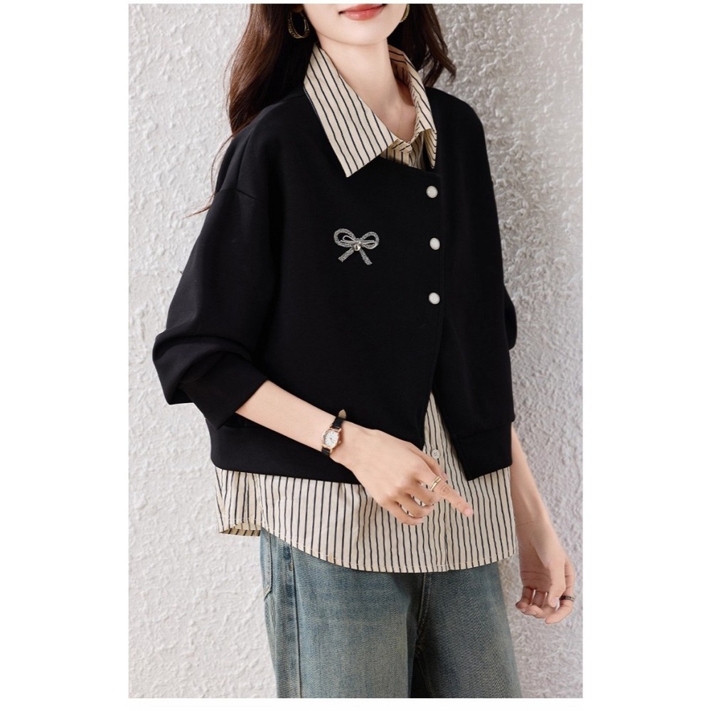 漾貝比【9155743】中大尺碼女裝 愛心蝴蝶結小外套條紋襯衫假兩件式上衣 (36-49)-細節圖2