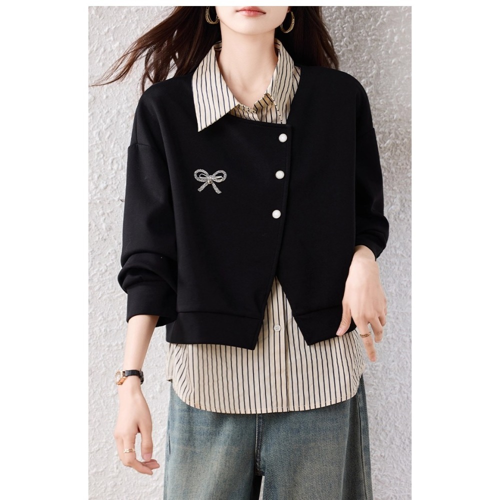 漾貝比【9155743】中大尺碼女裝 愛心蝴蝶結小外套條紋襯衫假兩件式上衣 (36-49)-細節圖3
