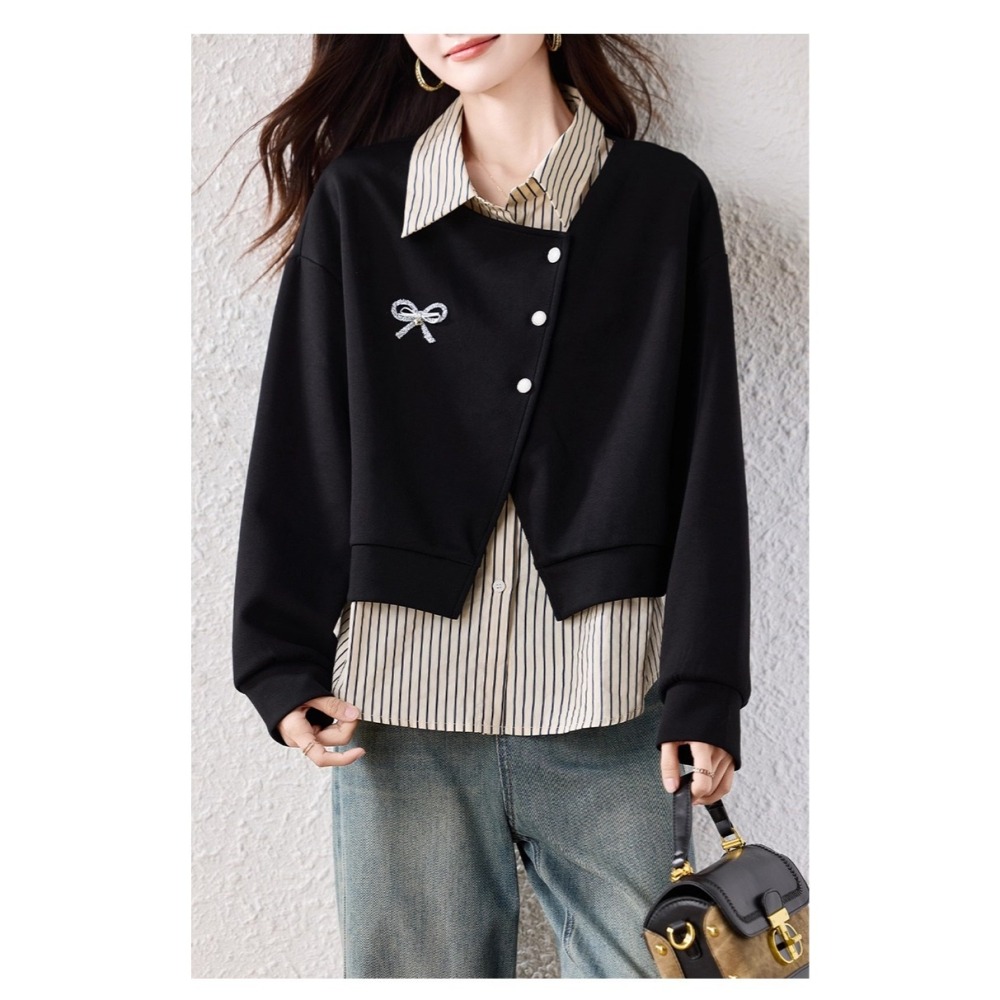 漾貝比【9155743】中大尺碼女裝 愛心蝴蝶結小外套條紋襯衫假兩件式上衣 (36-49)-細節圖4