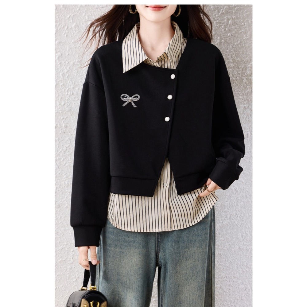 漾貝比【9155743】中大尺碼女裝 愛心蝴蝶結小外套條紋襯衫假兩件式上衣 (36-49)-細節圖6