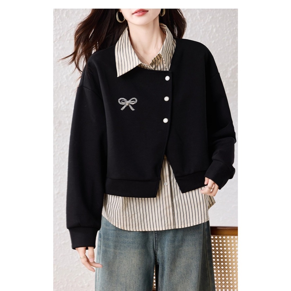 漾貝比【9155743】中大尺碼女裝 愛心蝴蝶結小外套條紋襯衫假兩件式上衣 (36-49)-細節圖7