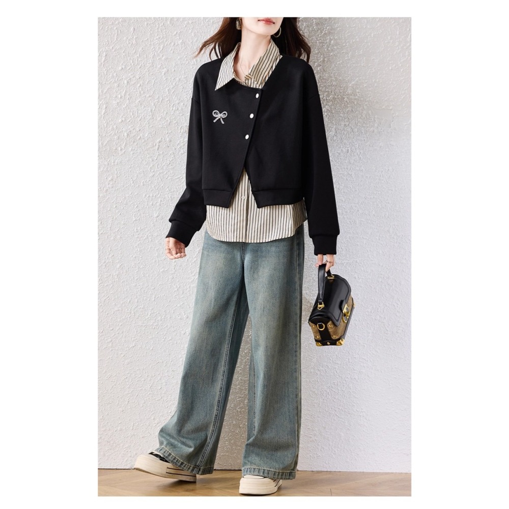 漾貝比【9155743】中大尺碼女裝 愛心蝴蝶結小外套條紋襯衫假兩件式上衣 (36-49)-細節圖8