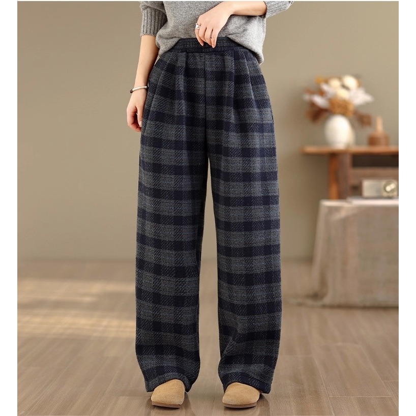 漾貝比【9155747】中大尺碼女裝 百搭灰黑格紋毛呢闊腿直筒褲 (28-38)-細節圖3