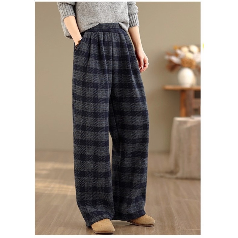 漾貝比【9155747】中大尺碼女裝 百搭灰黑格紋毛呢闊腿直筒褲 (28-38)-細節圖4