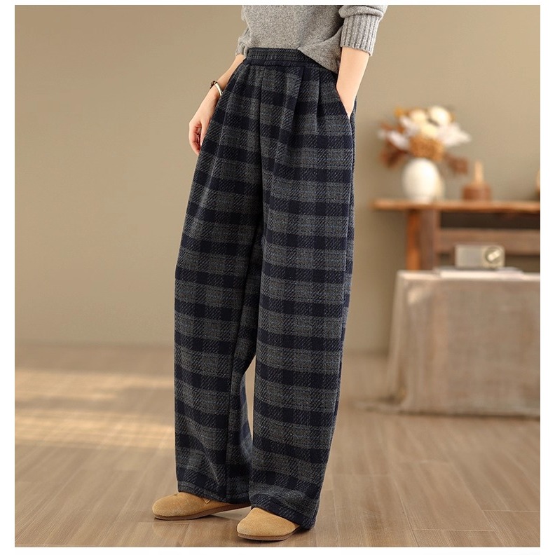 漾貝比【9155747】中大尺碼女裝 百搭灰黑格紋毛呢闊腿直筒褲 (28-38)-細節圖5