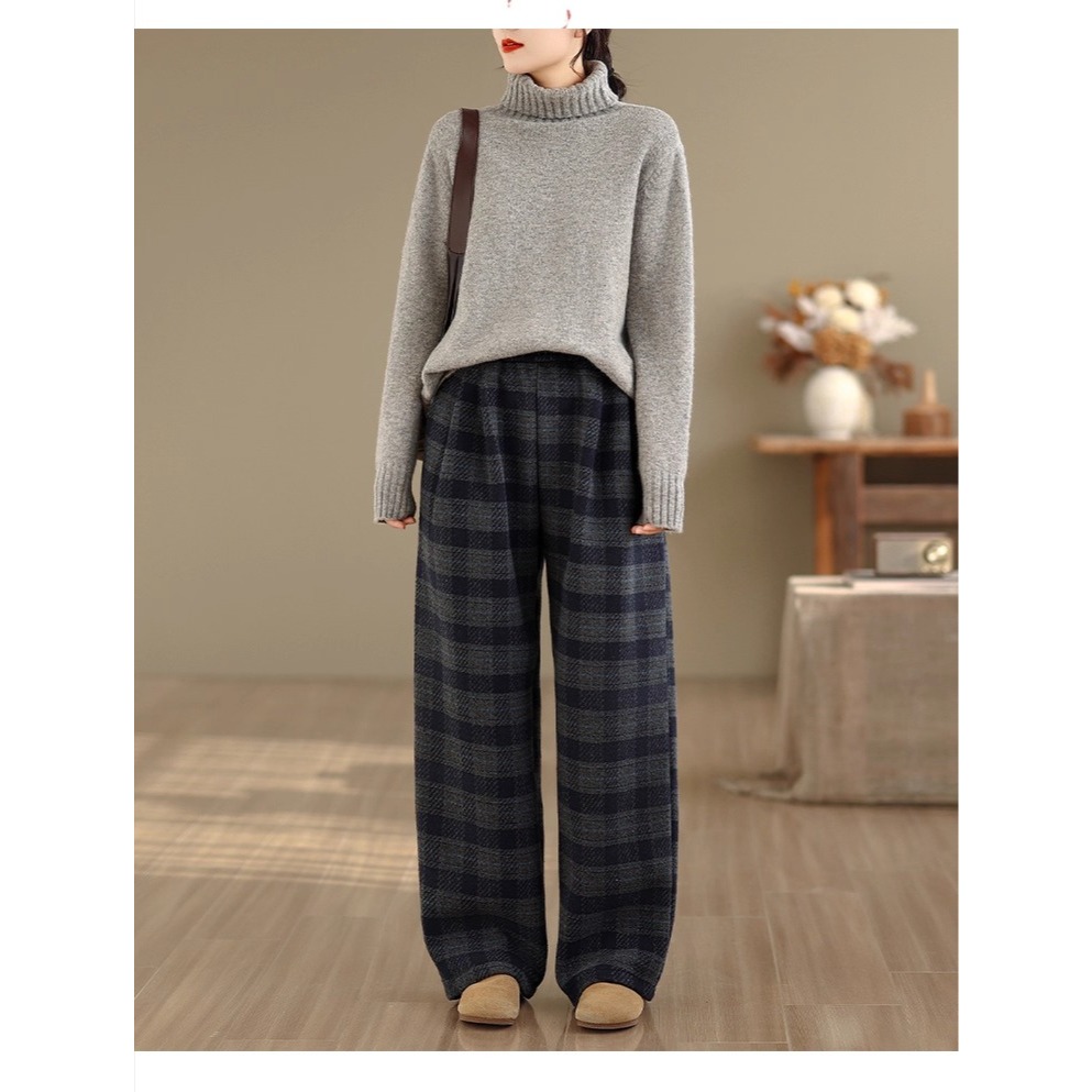 漾貝比【9155747】中大尺碼女裝 百搭灰黑格紋毛呢闊腿直筒褲 (28-38)-細節圖7