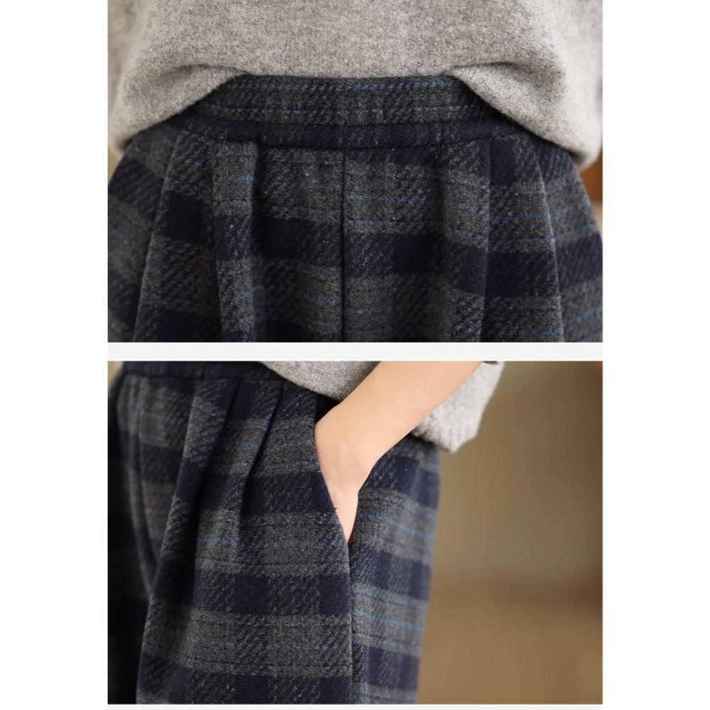 漾貝比【9155747】中大尺碼女裝 百搭灰黑格紋毛呢闊腿直筒褲 (28-38)-細節圖8