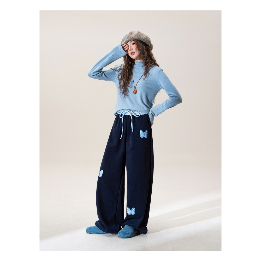 漾貝比【9155755】中大尺碼女裝 水藍蝴蝶貼布美式鬆緊綁帶直筒褲-細節圖6
