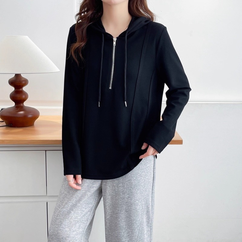 漾貝比【9155761】中大尺碼女裝 半拉鍊顯瘦車線連帽長袖織衣T．共2色 (36-51)-細節圖3