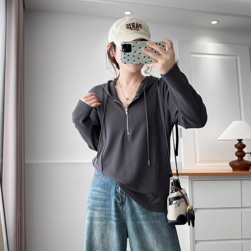 漾貝比【9155761】中大尺碼女裝 半拉鍊顯瘦車線連帽長袖織衣T．共2色 (36-51)-細節圖6