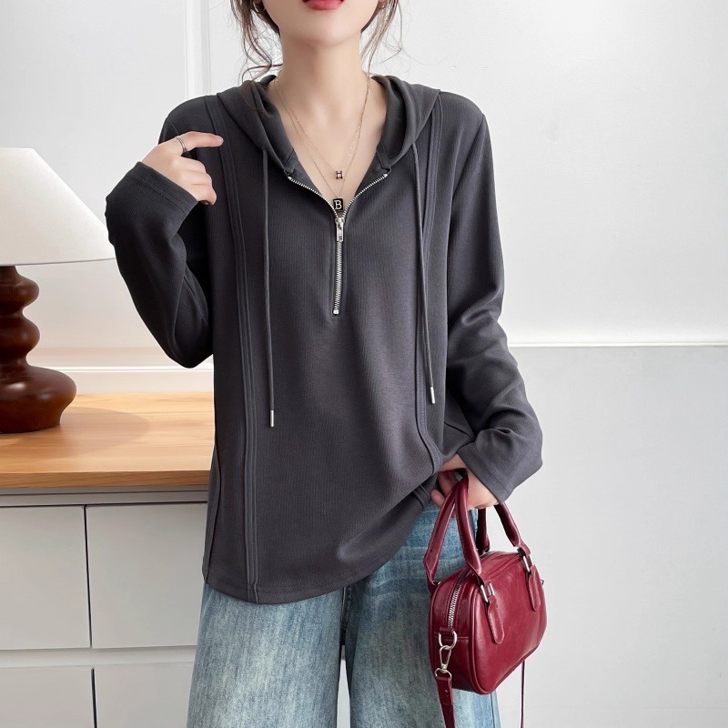 漾貝比【9155761】中大尺碼女裝 半拉鍊顯瘦車線連帽長袖織衣T．共2色 (36-51)-細節圖8