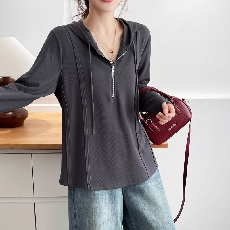 漾貝比【9155761】中大尺碼女裝 半拉鍊顯瘦車線連帽長袖織衣T．共2色 (36-51)-細節圖9