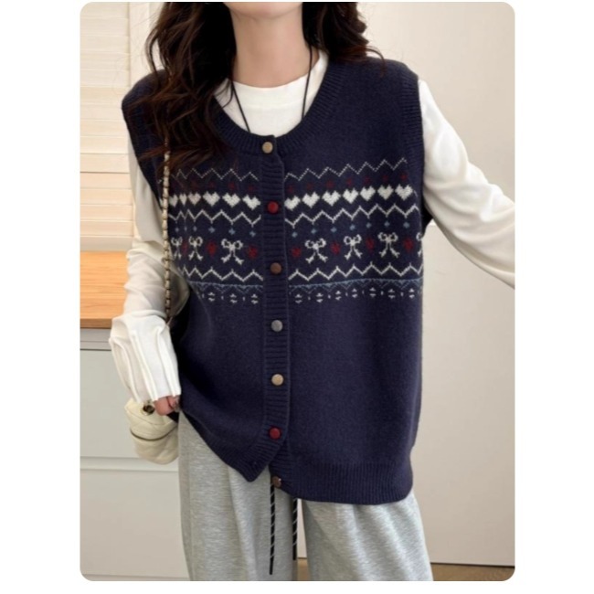 漾貝比【9155762】中大尺碼女裝 法式復古愛心蝴蝶結毛織保暖背心 (38-52)-細節圖2